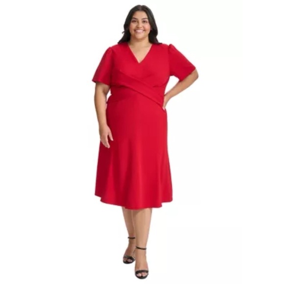 NWT Tommy Hilfiger Plus Size V-Neck Solid A-Line Below the Knee Dress 20W - Picture 1 of 4
